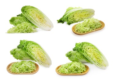 Collage with fresh Chinese cabbages on white background