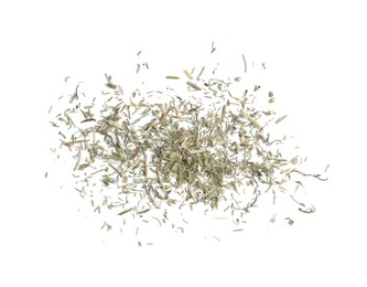Photo of Tasty aromatic dry dill on white background, top view