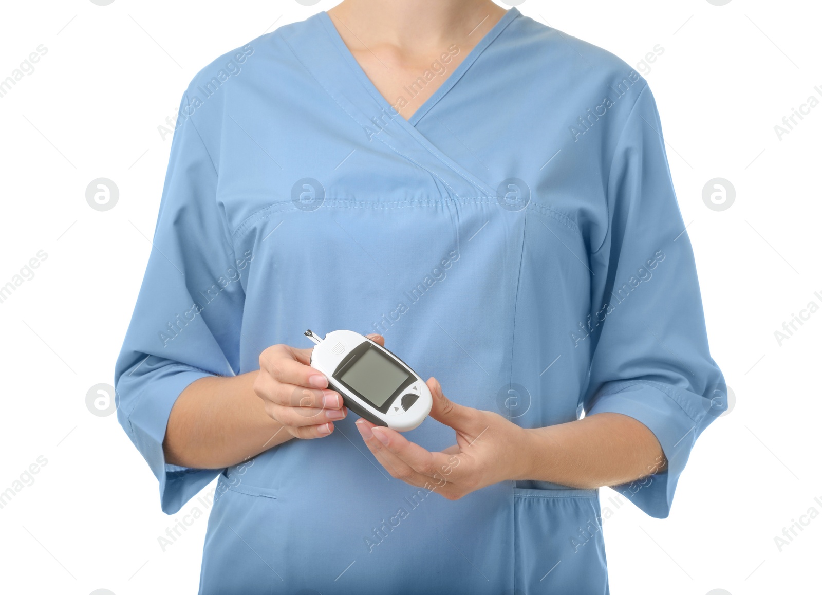 Photo of Female doctor holding glucose meter on white background, closeup. Medical object