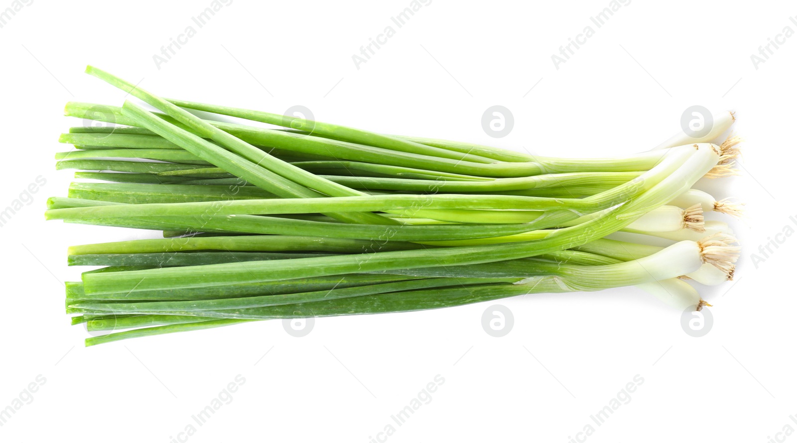 Photo of Bunch of fresh ripe green onions on white background