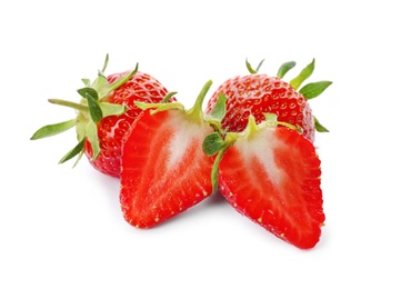 Photo of Fresh ripe strawberries on white background. Healthy snack