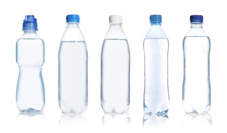 Set with different bottles of pure water on white background. Banner design