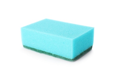 Photo of Cleaning sponge for dish washing on white background