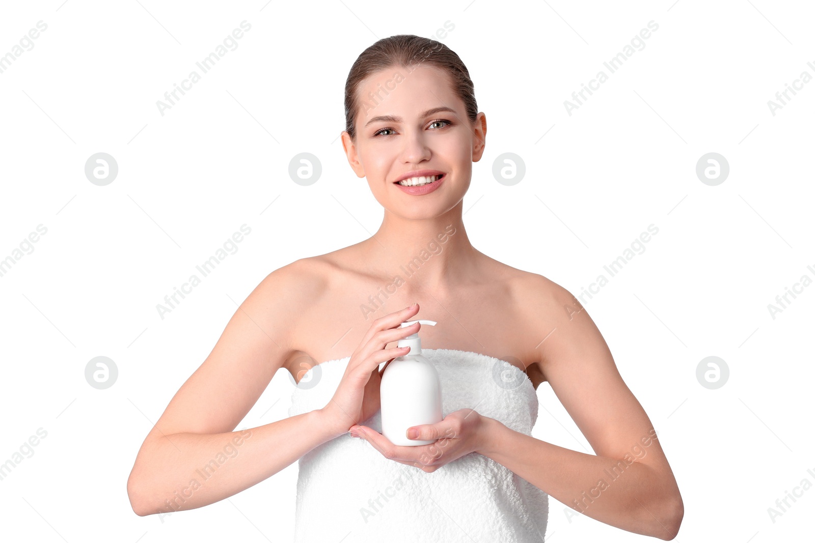 Photo of Young woman with bottle of hand cream on white background