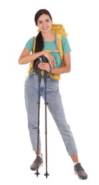 Photo of Female hiker with backpack and trekking poles on white background