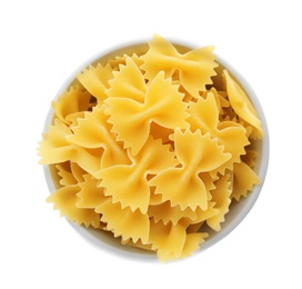 Photo of Bowl with uncooked farfalle pasta on white background, top view