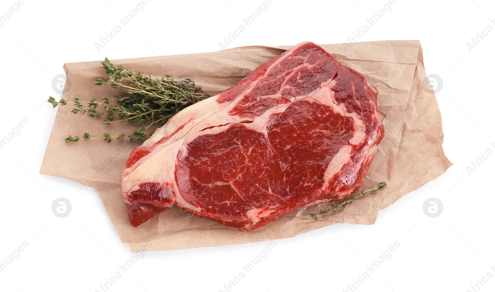 Photo of Piece of fresh beef meat and thyme isolated on white, top view