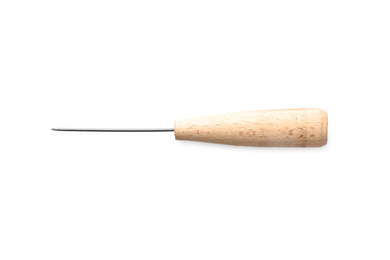 Photo of Stitching awl for leather working isolated on white, top view