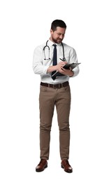 Portrait of happy doctor with stethoscope and clipboard on white background