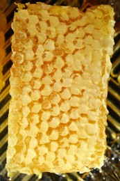 Photo of Natural honeycombs with tasty honey in plastic container, top view
