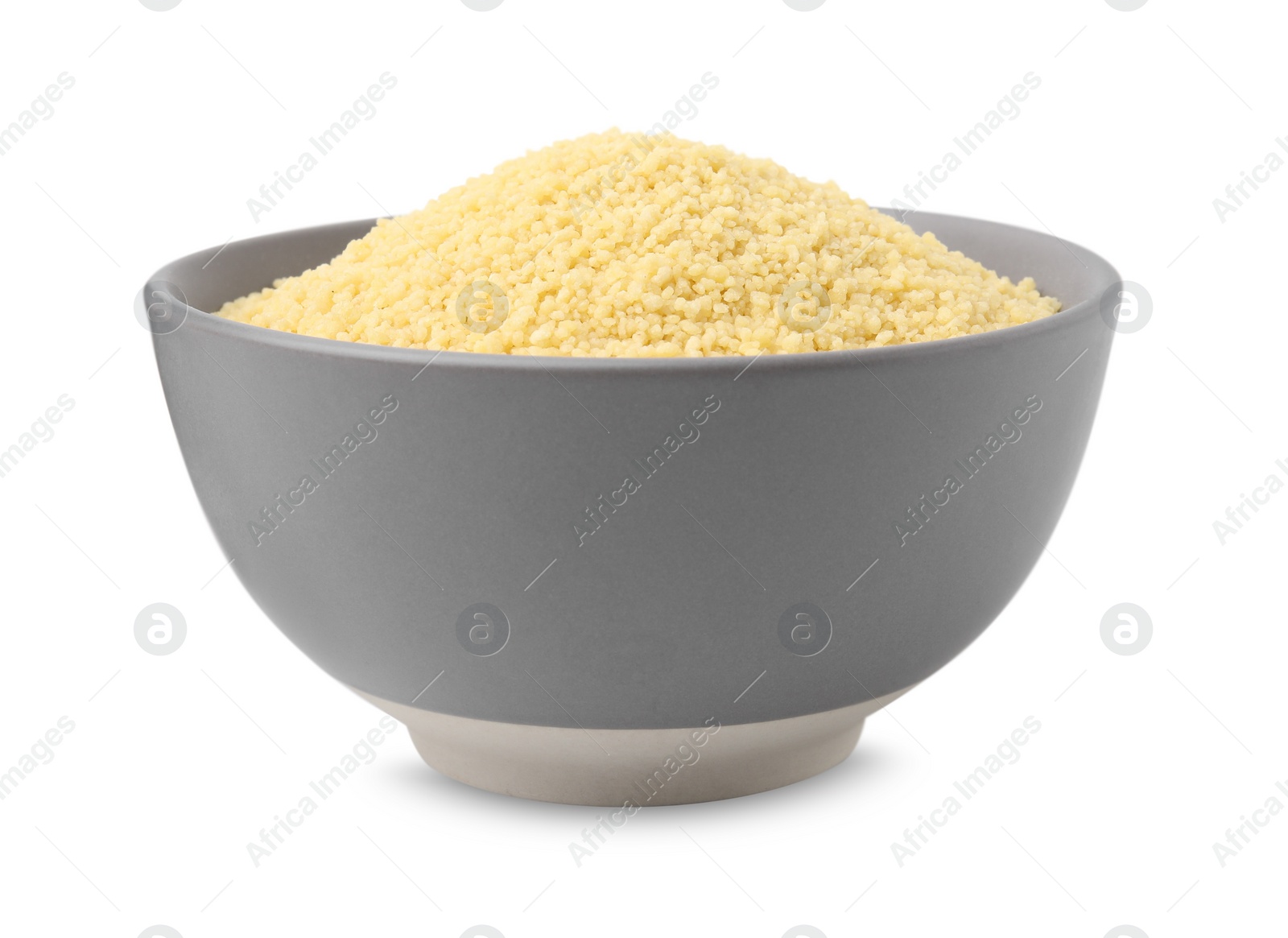 Photo of Raw couscous in bowl isolated on white