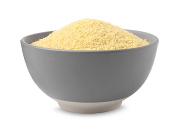 Photo of Raw couscous in bowl isolated on white