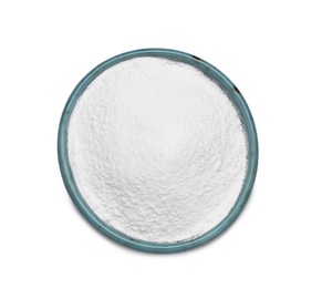 Photo of Bowl of natural starch isolated on white, top view