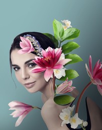 Image of Young woman with beautiful flowers and leaves on color background. Stylish creative collage design
