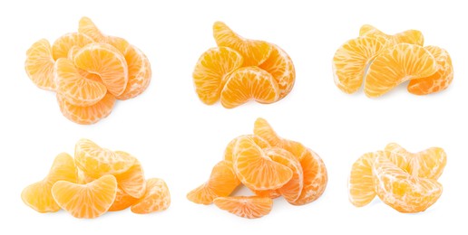 Set with pieces of fresh ripe tangerines on white background