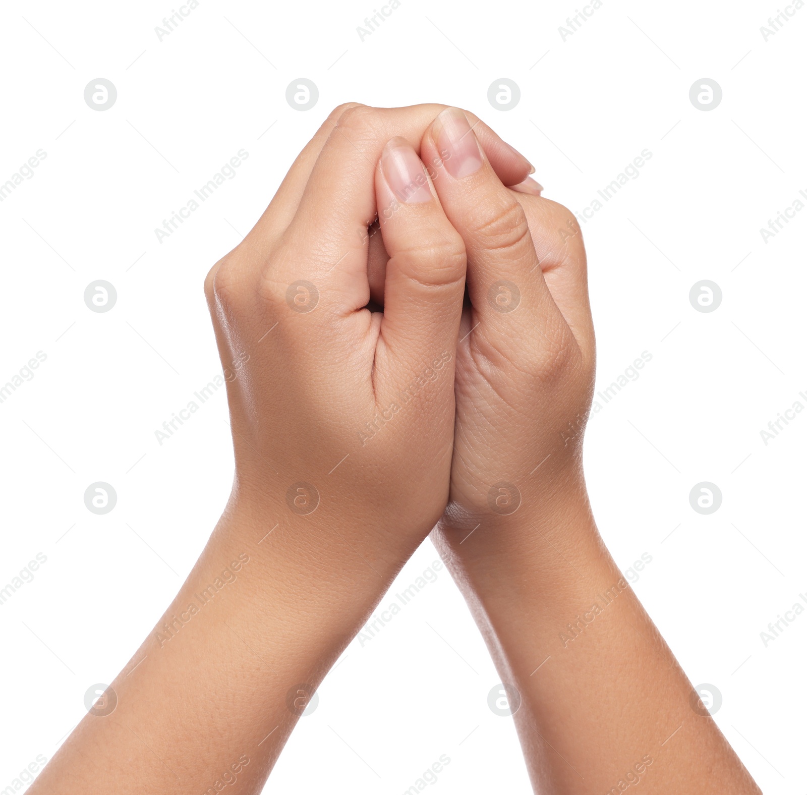 Photo of Woman holding hands clasped while praying on white background, closeup