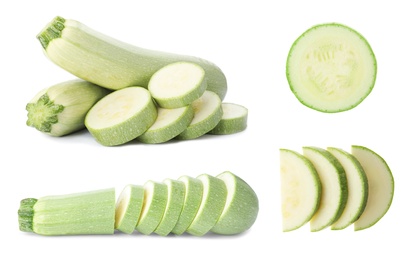 Image of Set of cut and whole squashes on white background