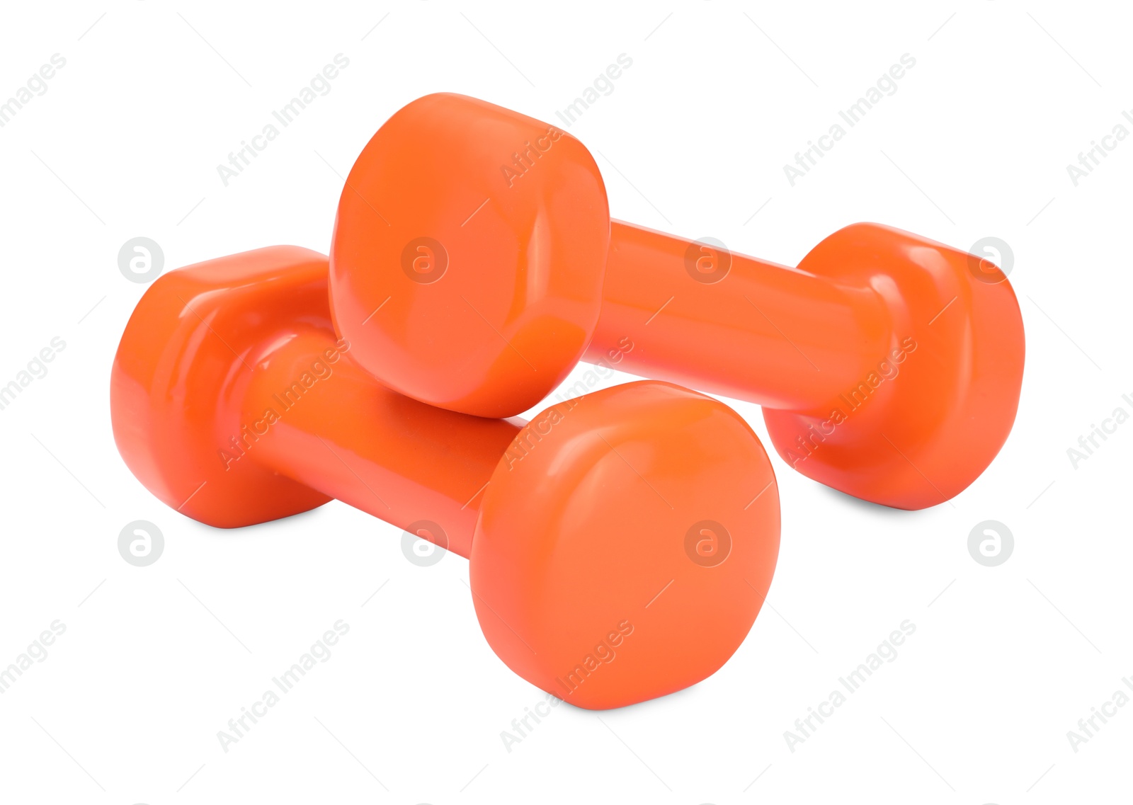 Photo of Orange dumbbells isolated on white. Sports equipment