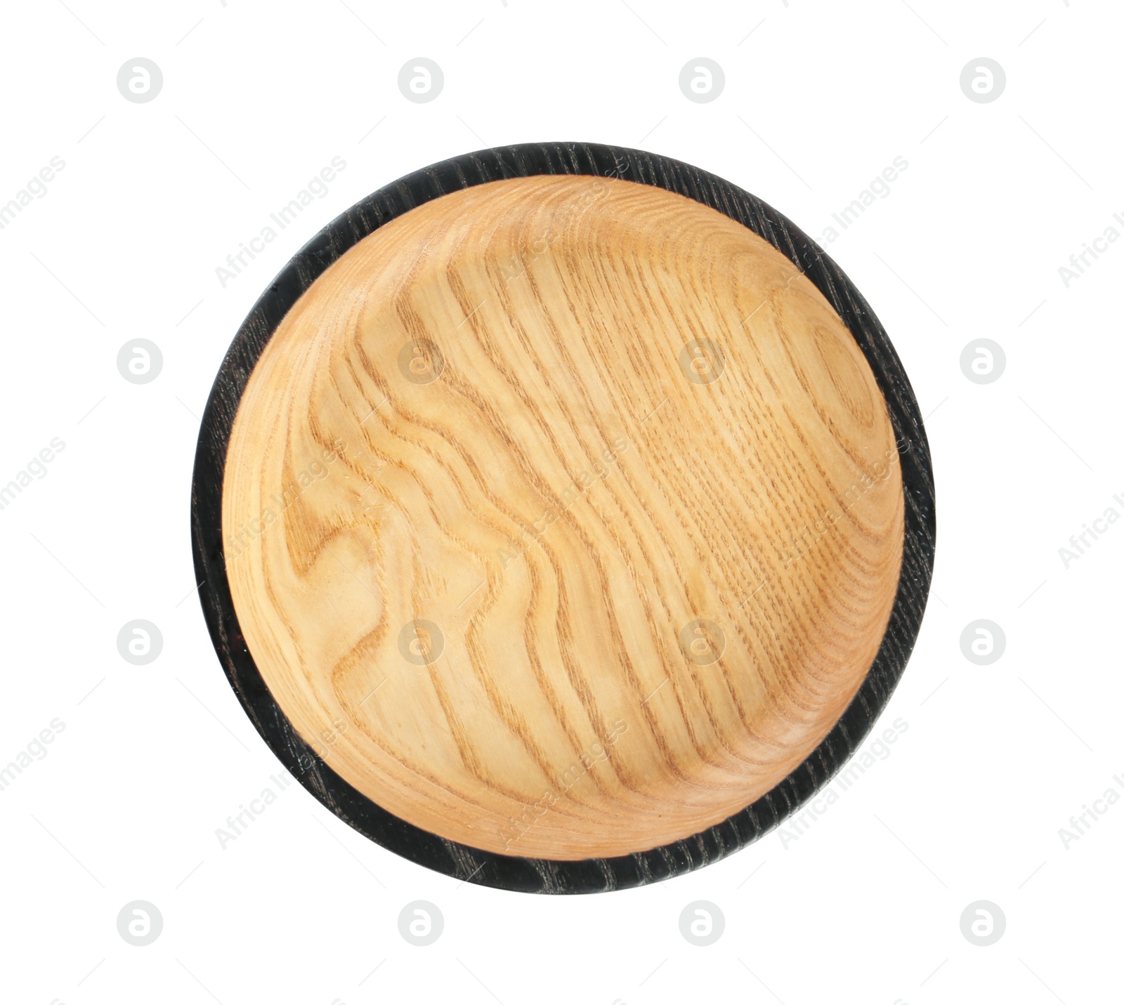 Photo of Stylish wooden plate isolated on white, top view. Cooking utensil