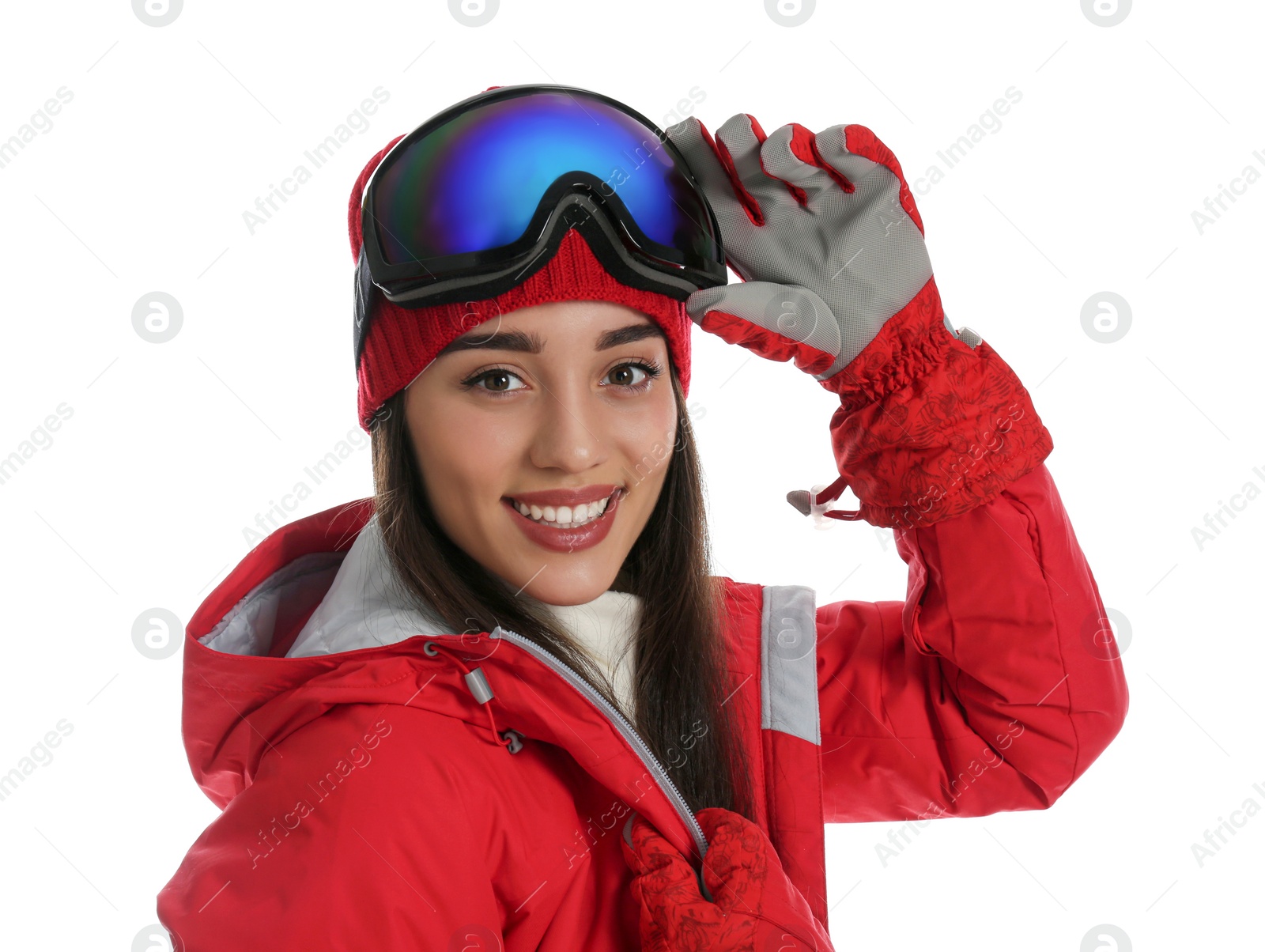 Photo of Woman wearing stylish winter sport clothes on white background