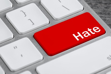 Image of Red button with text Hate on computer keyboard, closeup