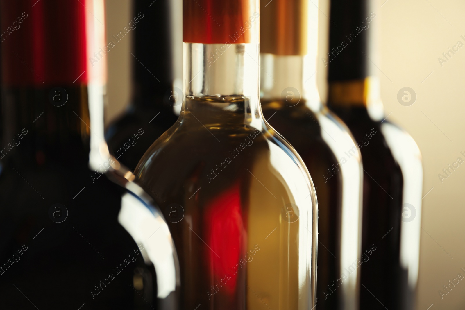 Photo of Bottles with delicious wine, closeup. Professional sommelier