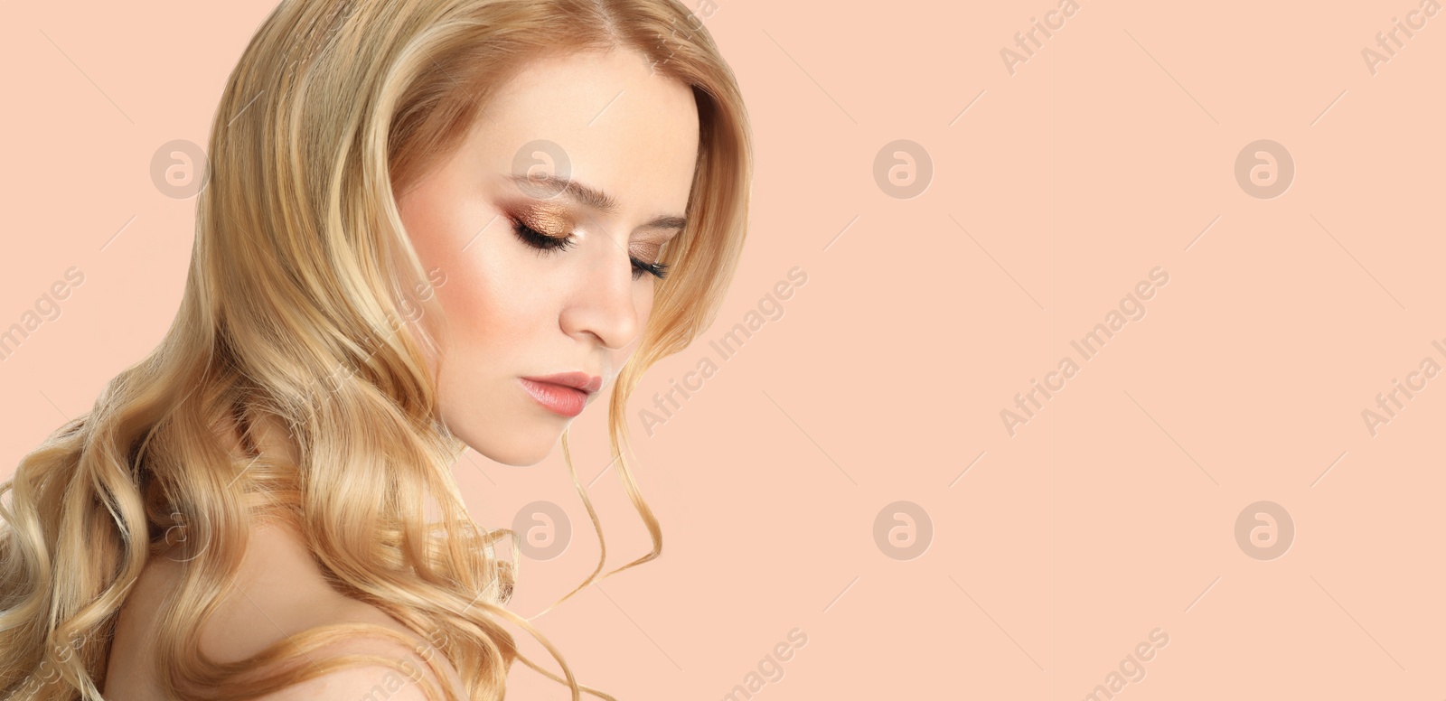 Image of Young woman with beautiful face on light background, space for text. Banner design