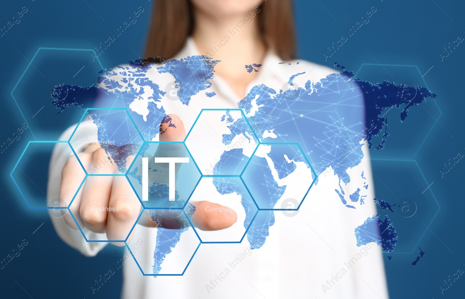 Image of Information technology concept. Woman pointing at world map on blue background, closeup