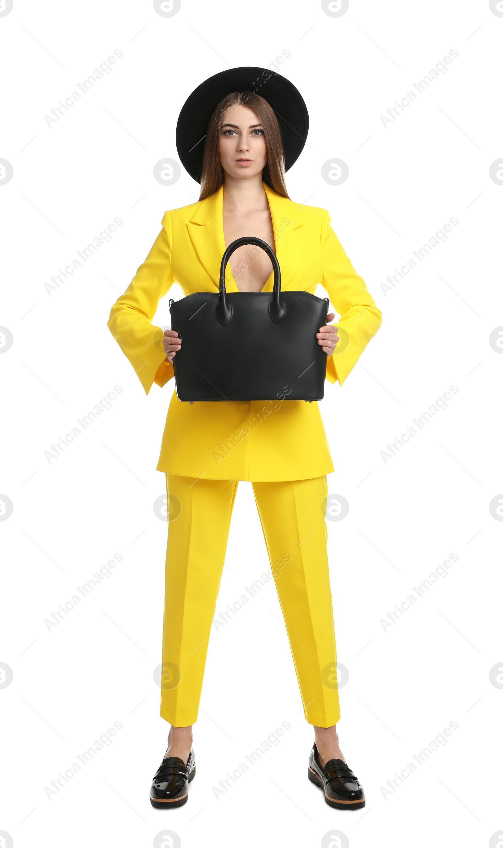 Photo of Beautiful young woman with stylish bag on white background