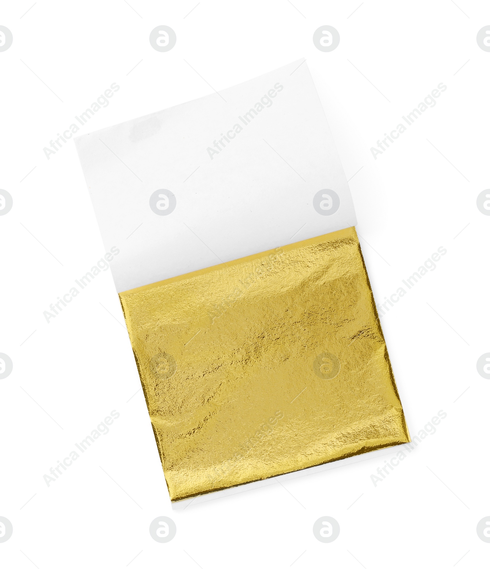 Photo of One edible gold leaf sheet isolated on white, top view