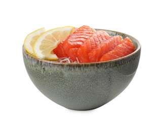 Delicious salmon sashimi served with funchosa and lemon isolated on white