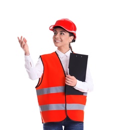 Photo of Female industrial engineer in uniform with clipboard on white background. Safety equipment