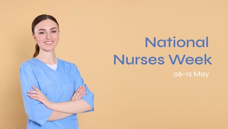 Image of National Nurses Week, May 06-12. Nurse in medical uniform on beige background, banner design