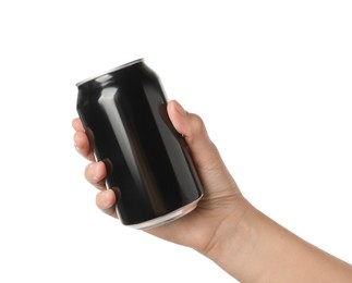 Woman holding black aluminum can on white background, closeup