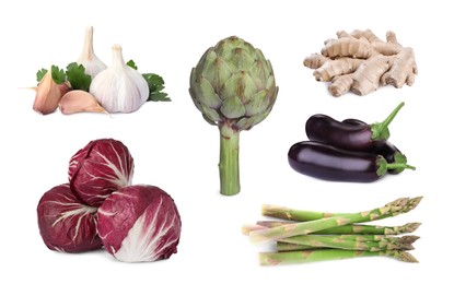 Image of Collage with many fresh vegetables on white background