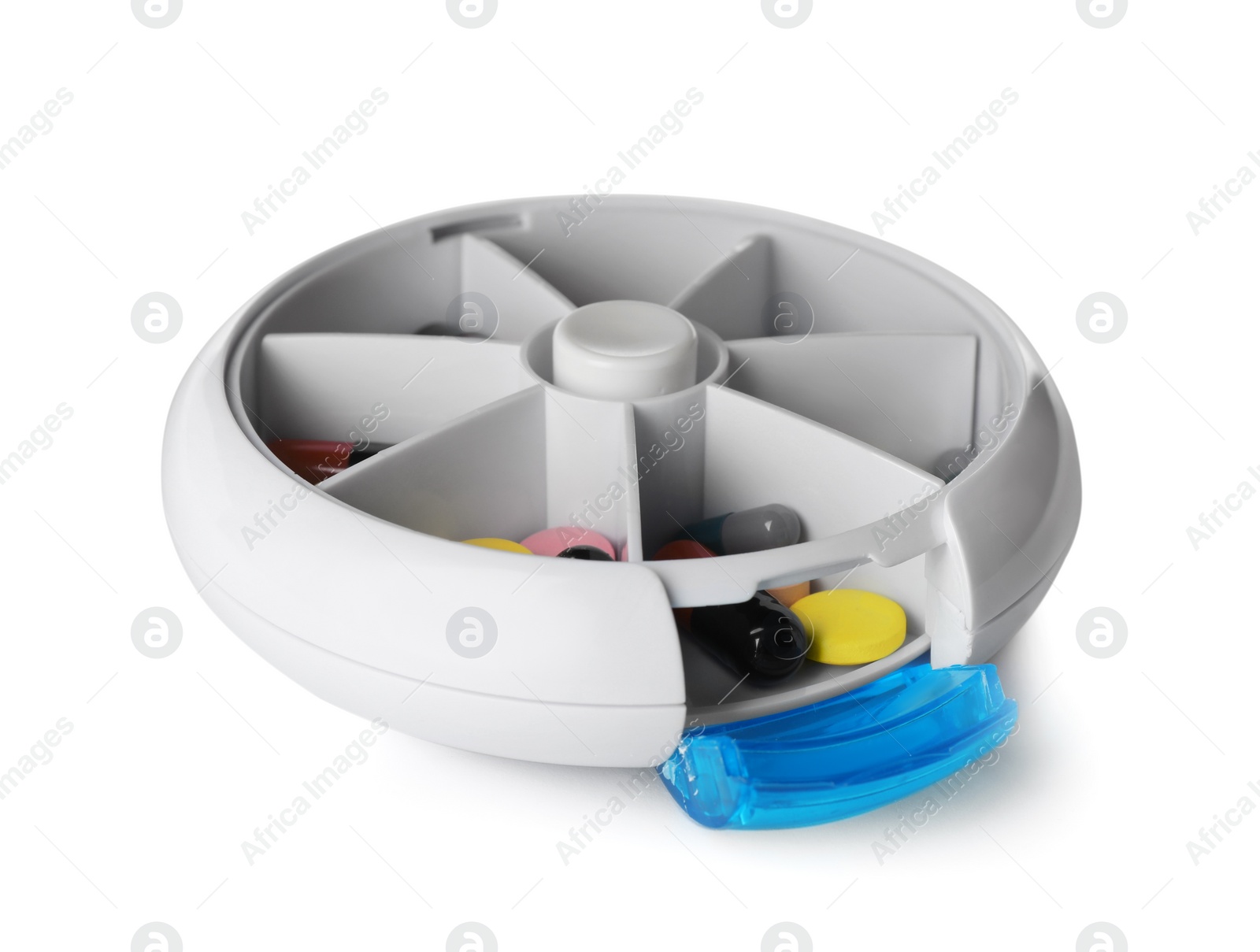 Photo of Plastic box with different pills isolated on white