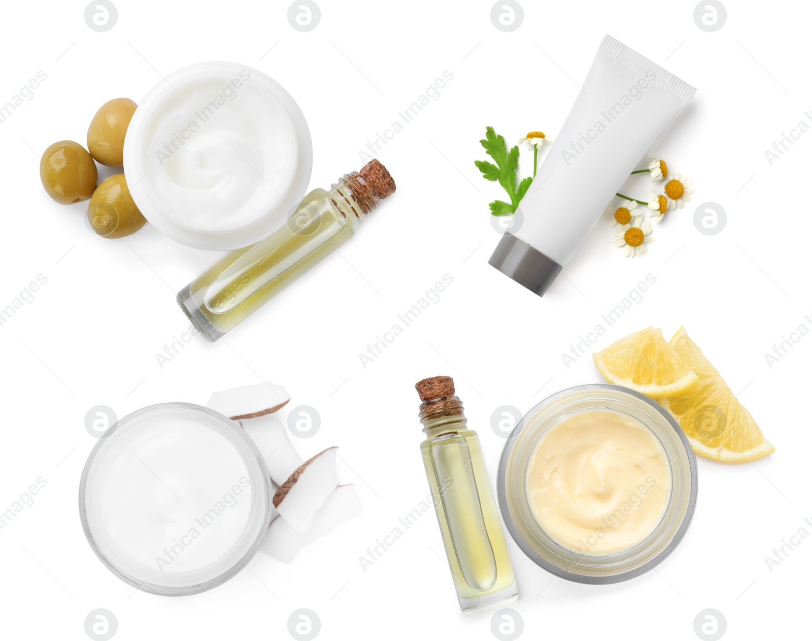 Image of Set with jars of body cream on white background, top view