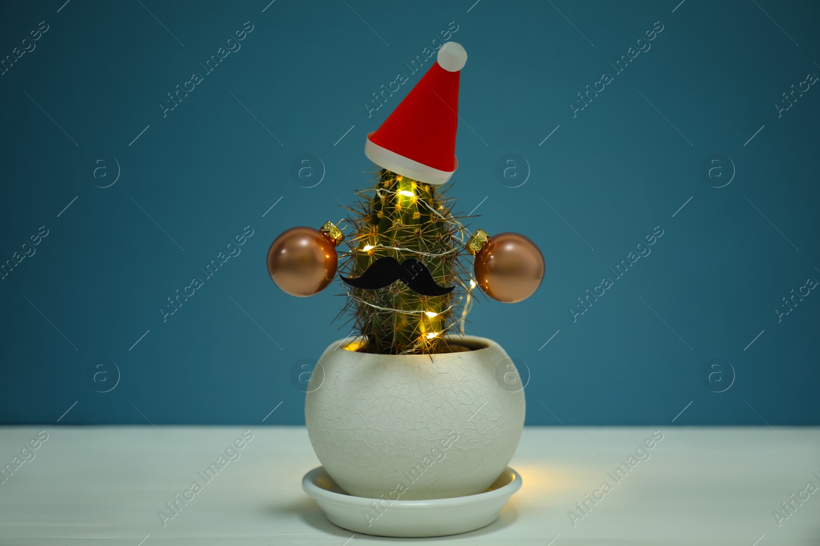 Photo of Cactus decorated with glowing fairy lights and santa hat on white table against blue background