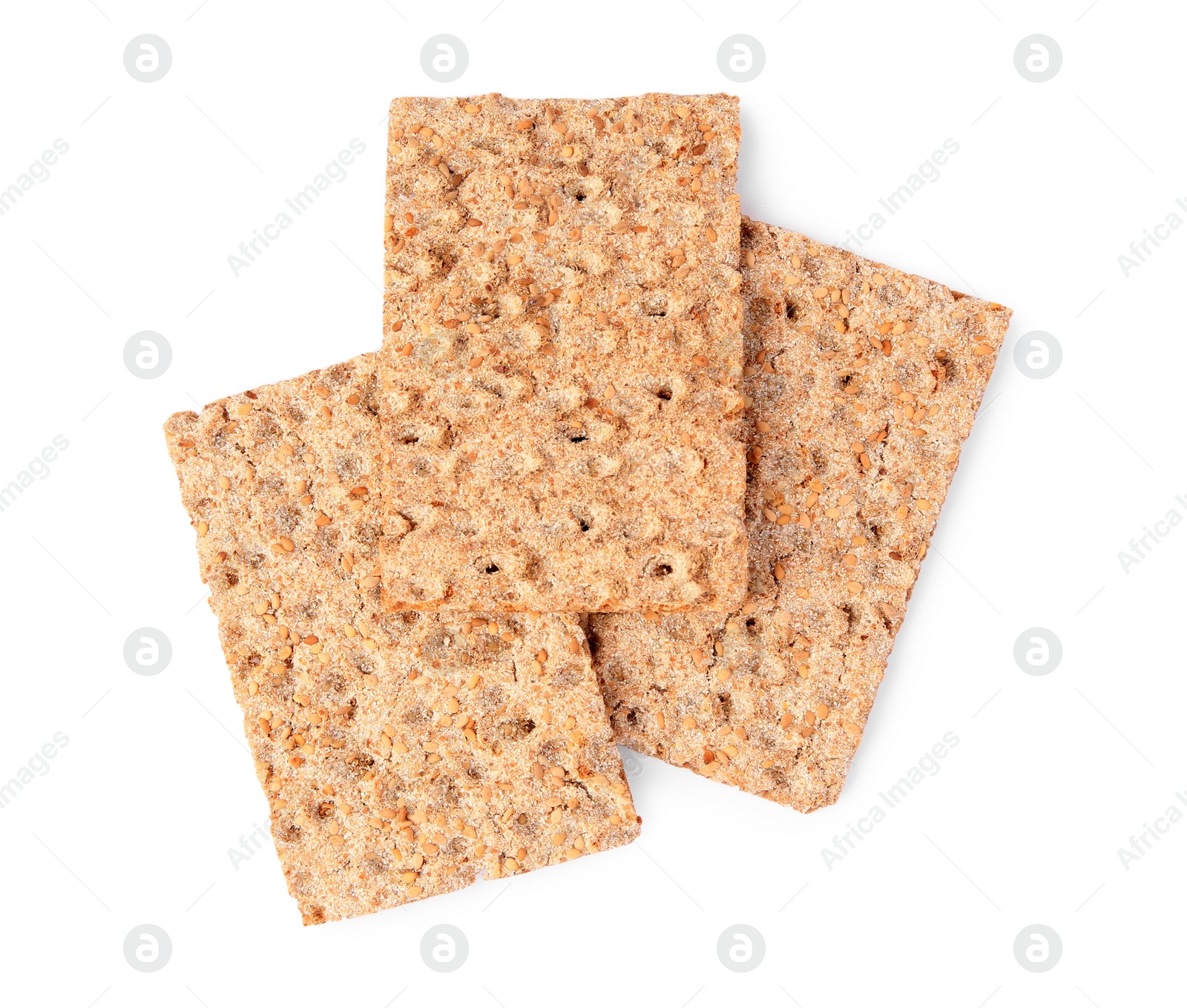 Photo of Fresh crunchy crispbreads on white background, top view