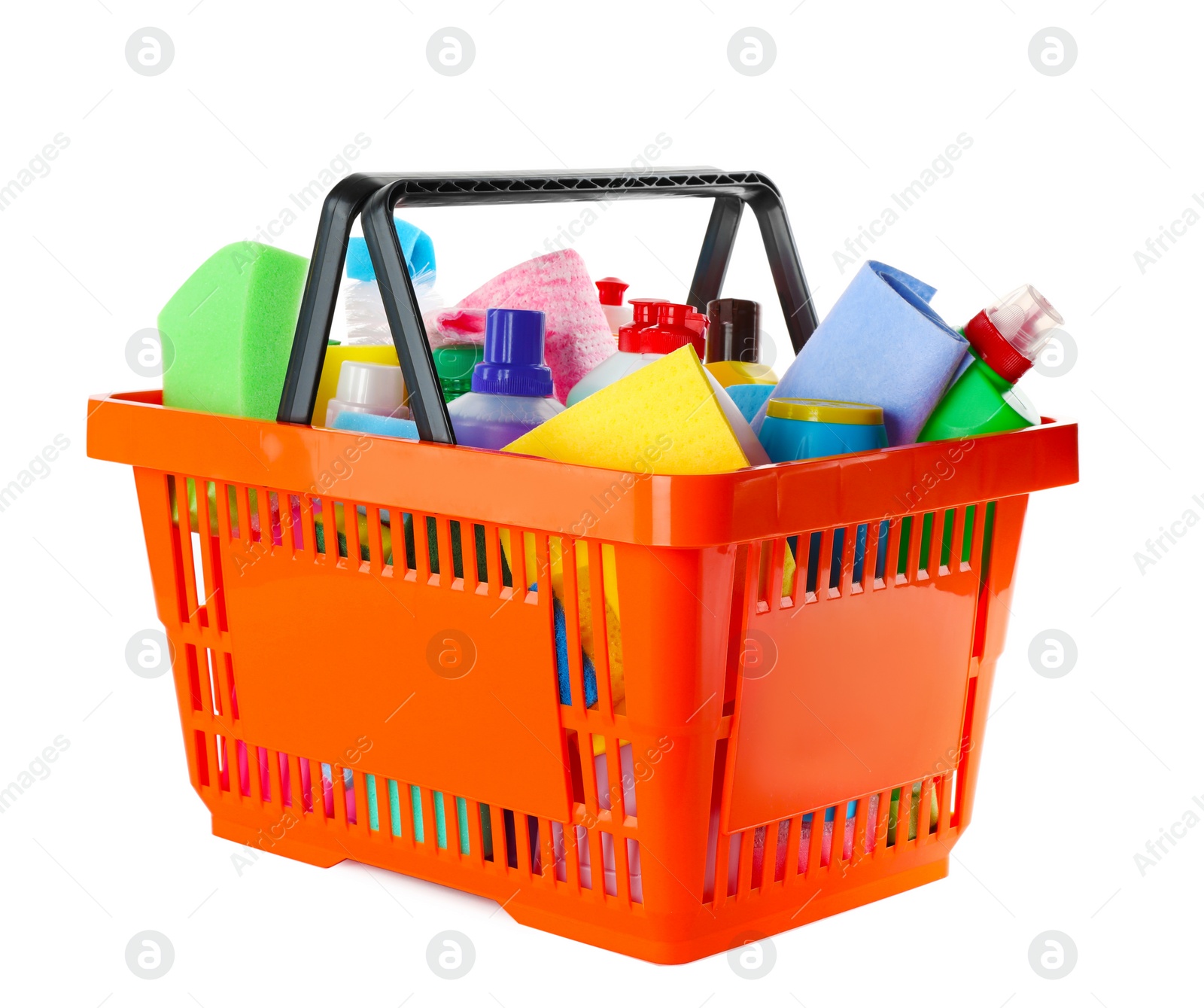 Photo of Shopping basket full of detergents on white background