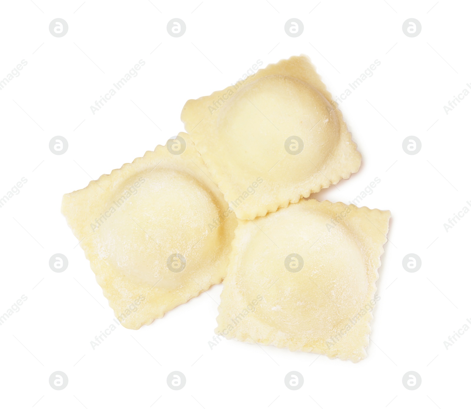 Photo of Uncooked ravioli with filling on white background, top view