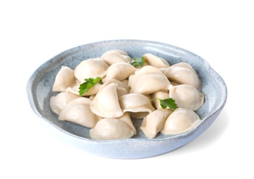 Photo of Plate of tasty cooked dumplings isolated on white