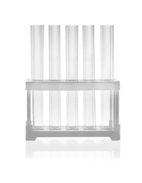 Empty test tubes in rack isolated on white. Laboratory glassware