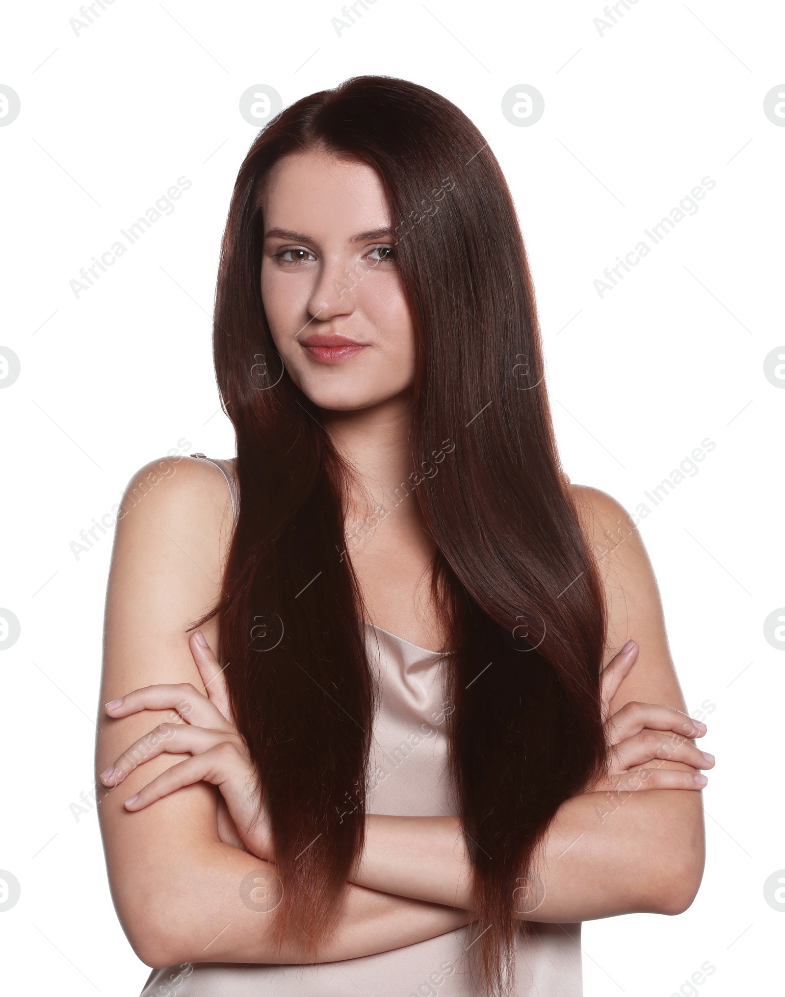 Photo of Portrait of beautiful young woman with healthy strong hair on white background