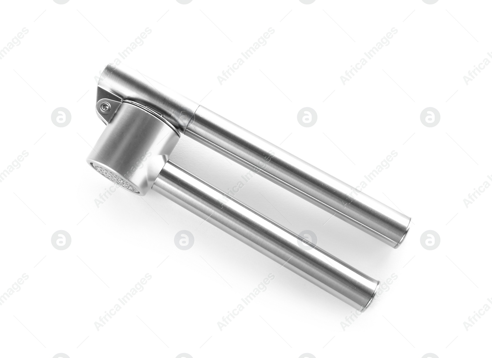 Photo of Garlic press on white background. Kitchen utensil