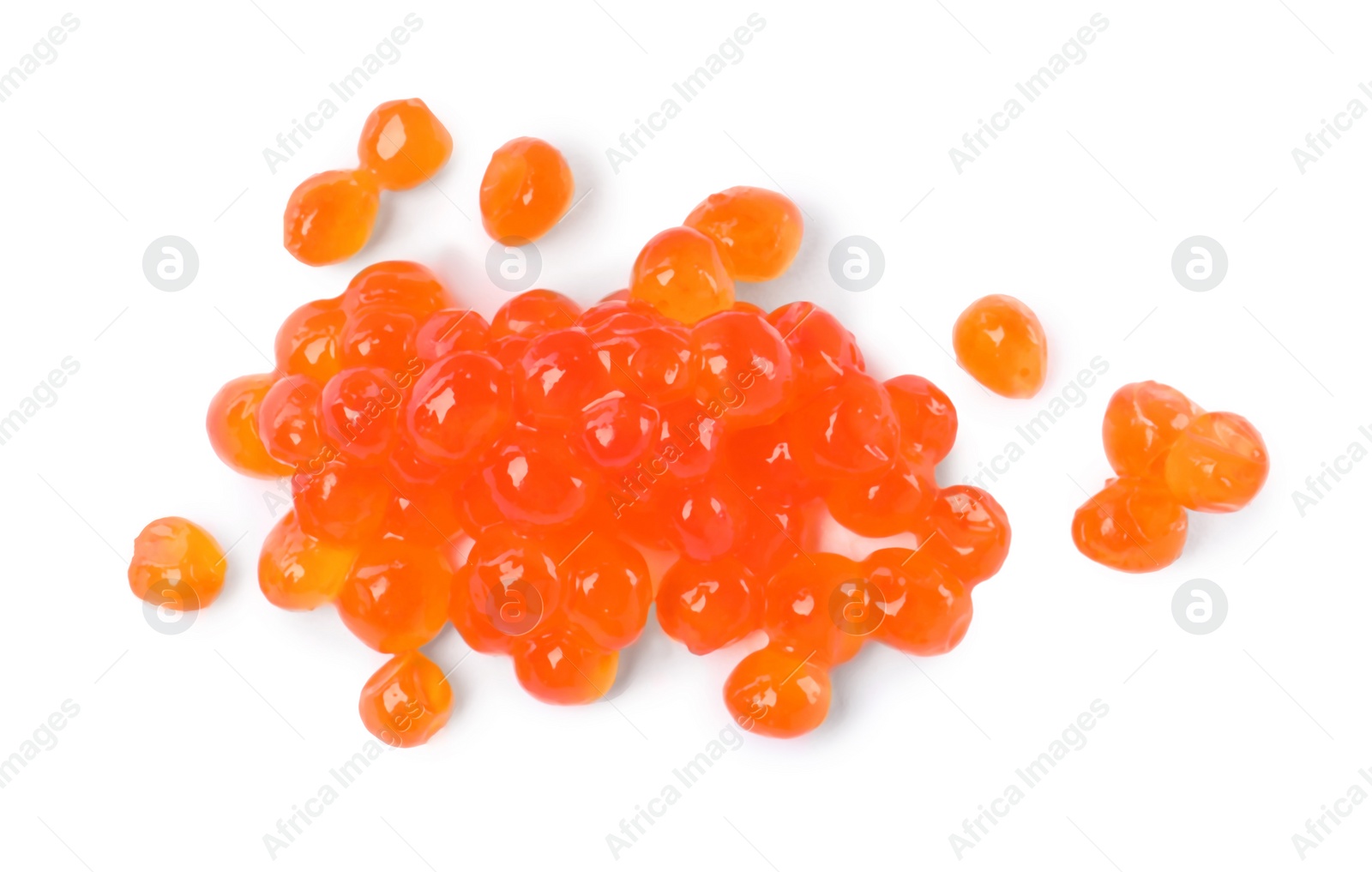 Photo of Delicious red caviar isolated on white, top view