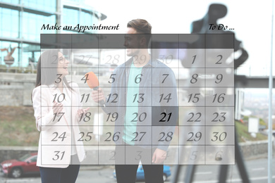 Double exposure of calendar and journalist interviewing woman outdoors. Personal schedule