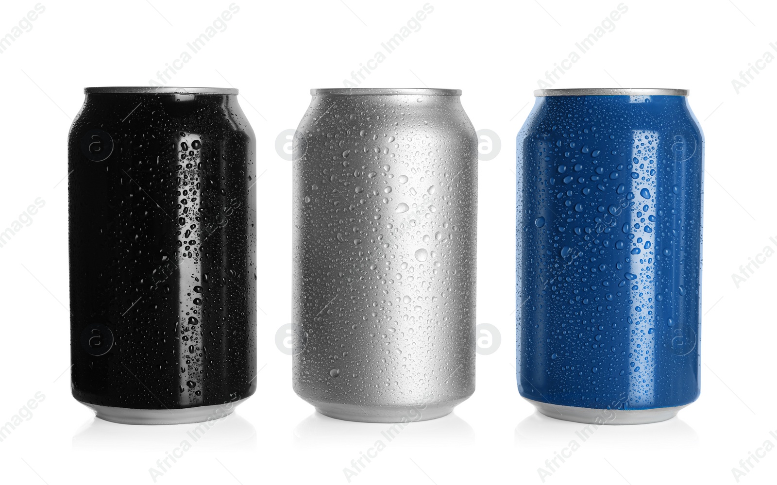 Photo of Aluminum cans with water drops on white background. Mockup for design