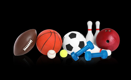 Image of Set of different sport equipment on black background