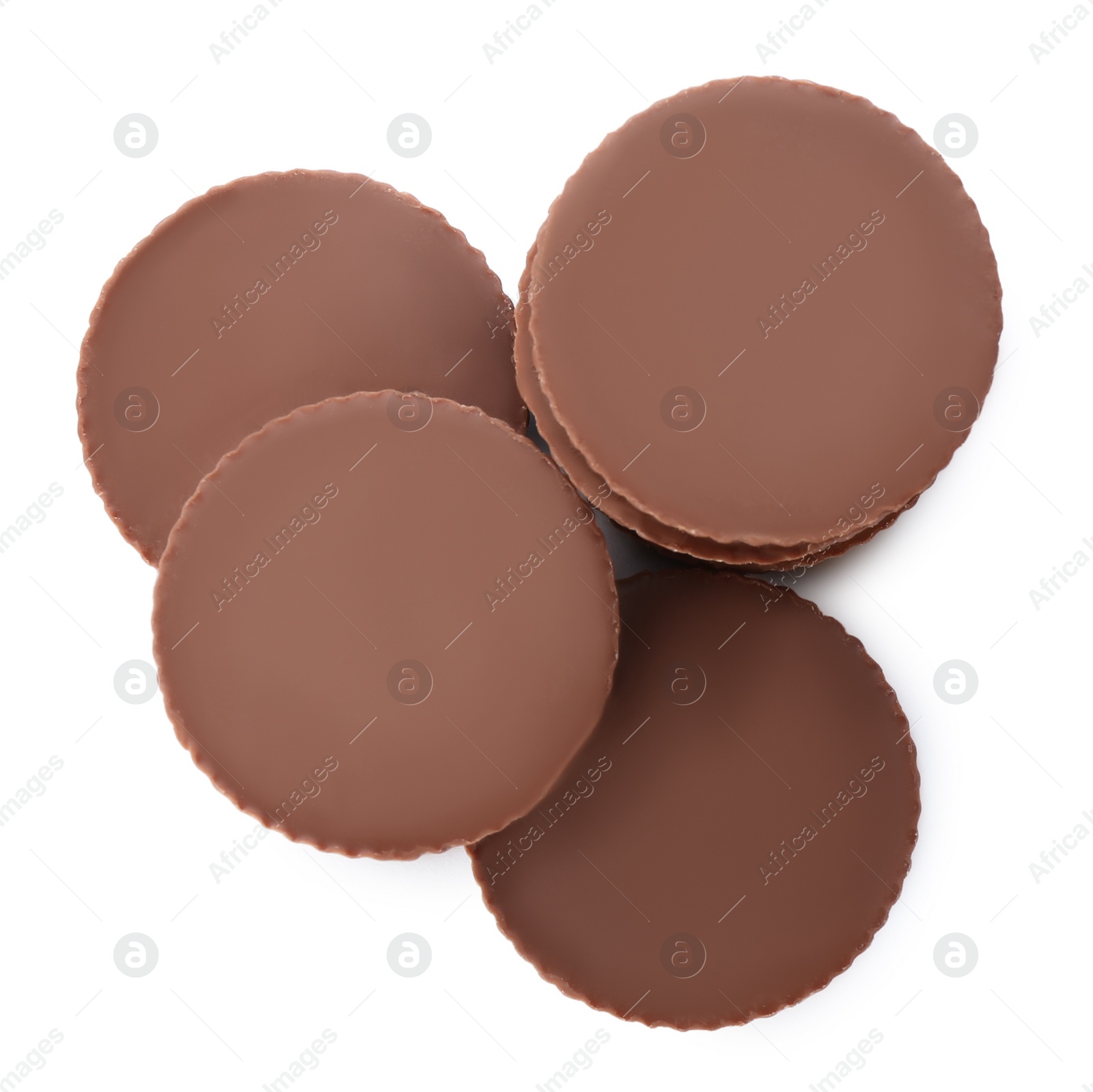Photo of Delicious peanut butter cups on white background, top view